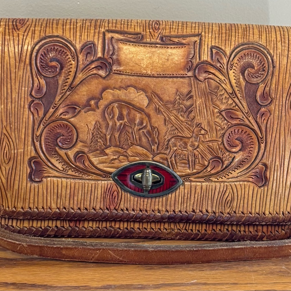 Vintage Tooled Leather Clutch with Deer Design - Picture 1 of 8